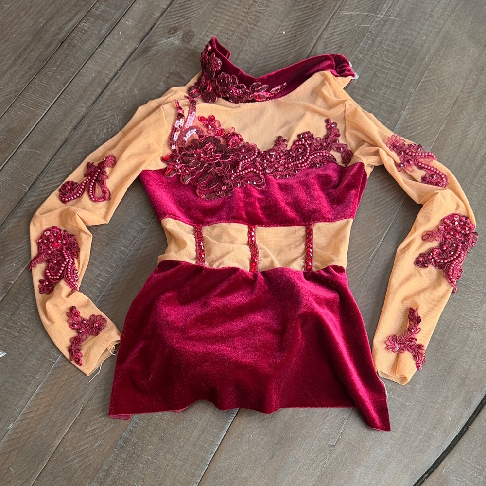 Burgandy and Tan Embellished Long Sleeve dance costume
